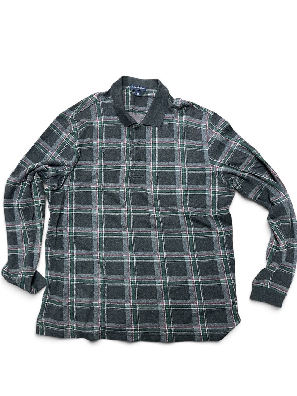 Lands' End Men's Green Plaid Long-Sleeve Polo